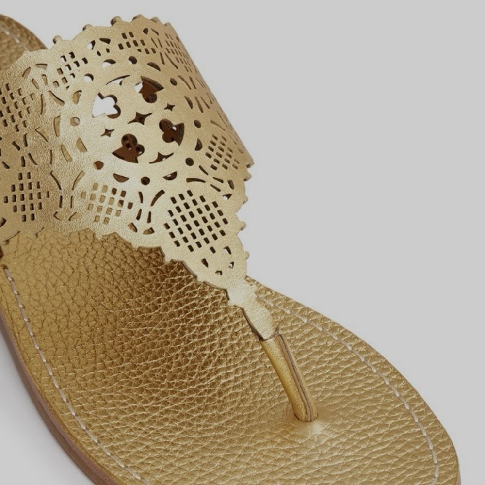 Tory Burch Roselle Gold Logo Leather Sandal Flat Thong Metallic Laser Summer